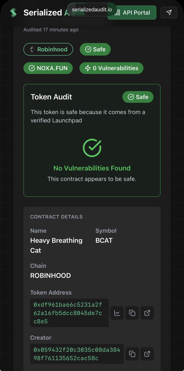 Cypherpunkgod1's tweet photo. Buying honey pots on Robinhood chain ?

Use @SerializedAudit to scan for scam CAs and honeypot 

First image is scan contract , when you buy a token you can’t sell and the deployer transfers all your tokens out 

You want to see the second image before you buy https://t.co/FkX9dA9A9y