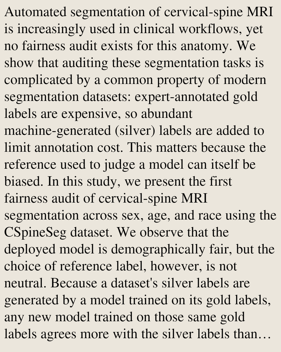 CIGX's tweet photo. False Confidence: Automated Labels Confound Fairness Audits in Cervical Spine Segmentation

Linus Juni, Aasa Feragen, Aditya Parikh
https://t.co/zLvS9rqZxu [𝚎𝚎𝚜𝚜.𝙸𝚅 𝚌𝚜.𝙲𝚅 𝚌𝚜.𝙲𝚈 𝚌𝚜.𝙻𝙶] https://t.co/lrObBTR3Uj