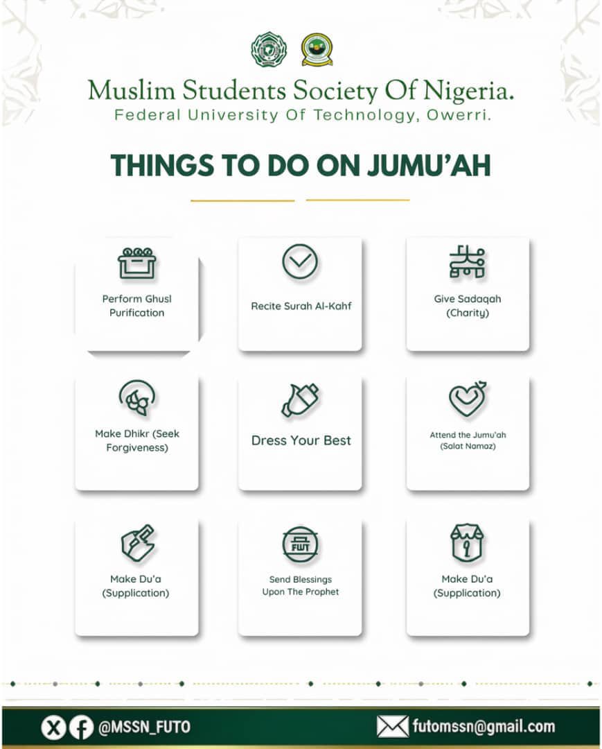 MSSN_FUTO's tweet photo. “Indeed ,the remembrance of Allah brings comfort to heart”
-Qur’an  13:28

On this blessed jumu’ah ,let fill our heart with the remembrance of Allah. 
In a world full of distraction ,true peace is found turning back to our creator.
Jumu’ah Mubarak. May Allah grant us forgiveness. https://t.co/U5ek3d1tZ8