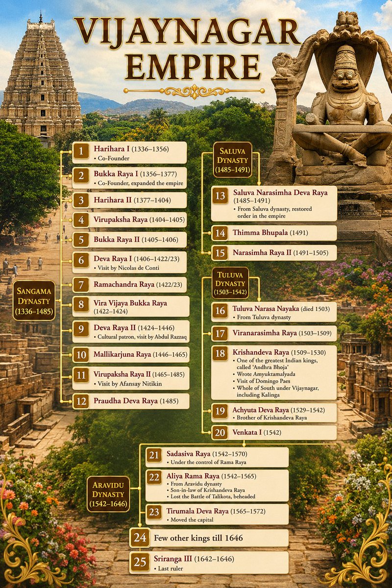 PrasunNagar's tweet photo. The VijaynagarEmpire...! 

The empire lasted for about 230 years and was controlled by four different dynasties; Sangama, Saluva, Tuluva, and Aravidu. 

It's founders were Harihara and Bukka Raya, who shrugged off the Tughlaq yoke and declared their independence in 1336.

They ruled from modern Hampi, on the banks of Tungabhadra river. 

Under Krishnadeva Raya, Vijaynagar was the second largest city of the world after Beijing, and it's influence was till north; even Babar mentions the king in his biography. 

Vijaynagarsufferred a devastating defeat at Talikota (1565), leading to it's eventual demise. 

By 1646, the empire was in name only; when it's last ruler was deposed.