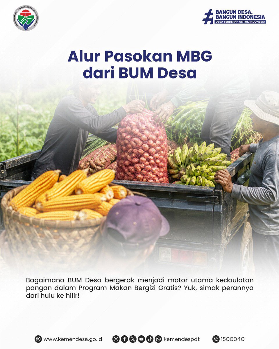 kemendespdt's tweet photo. Gotong Royong Hulu ke Hilir: Alur Pasokan Makan Bergizi Gratis (MBG) Bersama BUM Desa! 🌾

Sobat Desa, melalui program prioritas, Kemendes PDT menempatkan BUM Desa sebagai agregator dan mitra strategis program Makan Bergizi Gratis (MBG). https://t.co/ZNfaTXlyO5