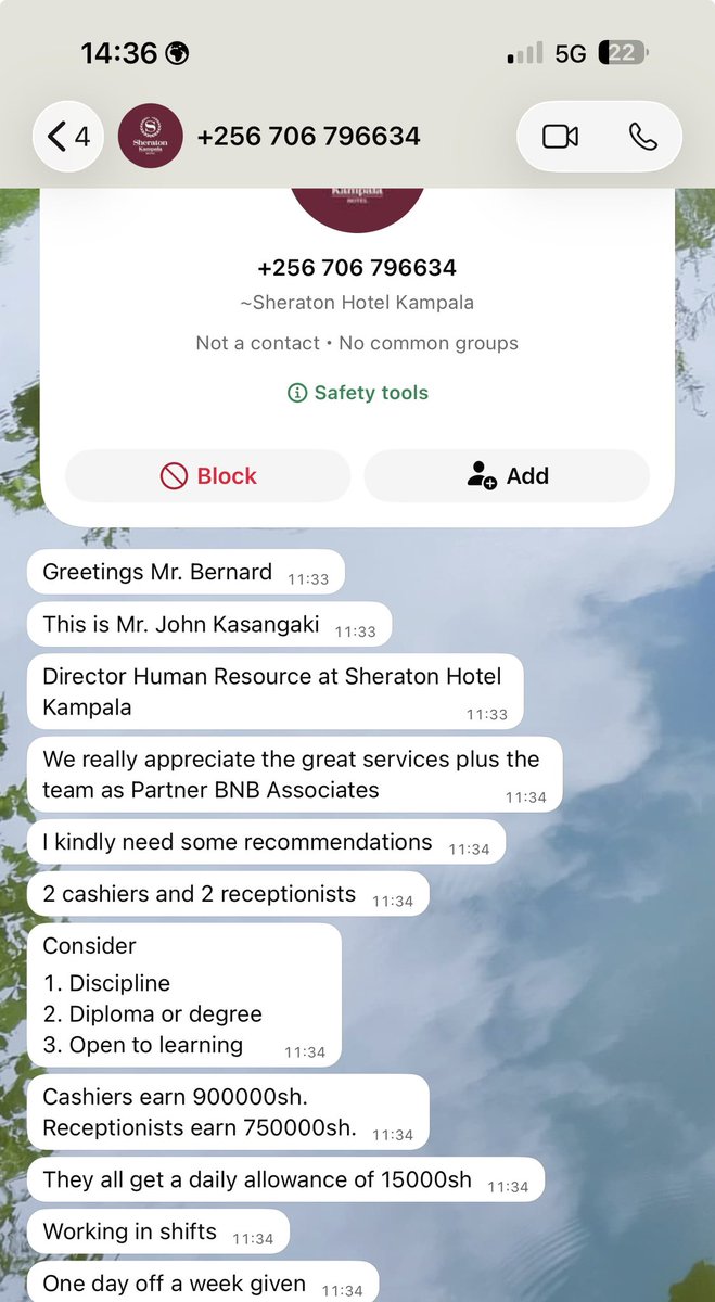 BwireBenard_W's tweet photo. So @sheratonhotels there’s this Gentleman running around or playing around with your corporate image. Before people get fleeced u could actually intervene. Definitely when I received this I played along and did some background checks. These people fleecing and asking people for money I hear for uniforms etc. Fraud is watching the vulnerable, Corporate organizations need to keep guarding themselves while @PoliceUg @mtnug @Airtel_Ug help apprehend and block such.