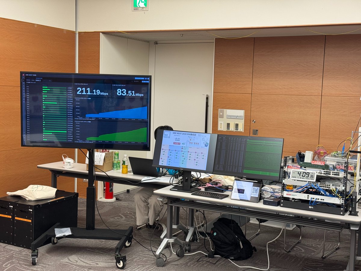 zabbix_jp's tweet photo. #Zabbix Japan は #SRENEXT にネットワークスポンサーとして協賛し、Zabbixアプライアンスを提供しています。

NOCメンバーの皆さまからは
「ホットステージの初期構築が楽にできた。監視ヨシ！👈」
とのコメントをいただきました！😺

#SRENEXT2026 は明日まで開催中です。ぜひお立ち寄りください！
https://t.co/mcPnAIm9UZ