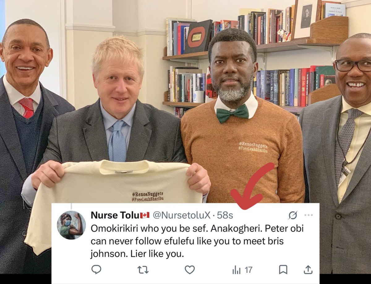renoomokri's tweet photo. Dear Tolu,

Thank you for your feedback. Here you go. This photo was taken on Wednesday, April 3, 2019, after my friend, Baron Hannan of Kingsclere, who is a Member of the House of Lords of the United Kingdom, arranged for me to be received by Mr Boris Johnson. You can clearly see Mr Johnson modelling my personal brand.

We invited Peter Obi along to help boost his profile because, at that time, he had NEVER met any world leader one-on-one. This is way before Obidients ruined our relationship by threatening to kill my infant daughter and then showing up at my home. 

To show you who had the reach and contact, the next day. Which was Thursday, April 4, 2020, Thisday Newspaper, a very pro-Obi media outlet, ran a photo of ONLY Boris Johnson and I on the front page. Peter Obi was not featured. 

Also, note the photo arrangement. Protocol officers usually arrange people in photos according to their relationship to the alpha figure. So, invited guests will be placed close to the dignitary. Then those who came in the delegation of the guest, but are not themselves invited guests, are farthest from the luminary. Please fact-check me. 

Peter Obi is a great Nigerian, and I appreciate the value he has brought to this country, and pray that he thrives in his businesses and lives long. 

However, by escorting me, he had his FIRST and ONLY opportunity to meet a Class A world leader at the level of Boris Johnson, and since that time, Peter Obi has not met another Class A world leader. 

In contrast, after that day that he tagged along, Providence has made it possible for me to meet and be photographed with other Class A world leaders. 

Finally, please can you use your real name in future, rather than trying to hide your identity by appropriating a respectful culture's name. I know for a fact that your name is not Tolu. 

Thanks again, and may God bless you.