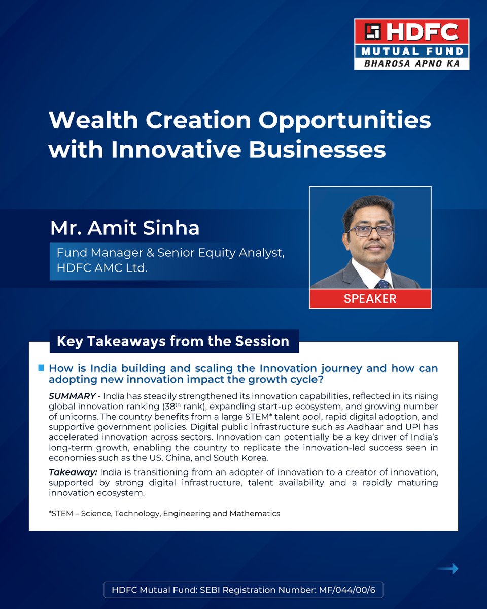 hdfcmf's tweet photo. Wealth creation opportunities with innovative businesses

Catch the key takeaways from our webinar with Mr. Amit Sinha, Fund Manager and Senior Equity Analyst, HDFC AMC Ltd.

Stay tuned for full webinar video on our Youtube channel. https://t.co/wZYYHfoPrY