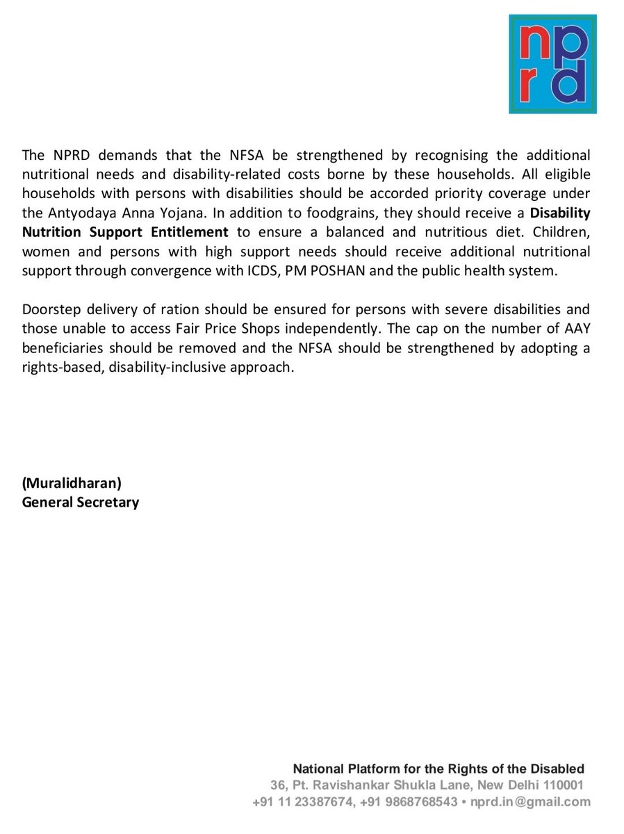 SNAMBURAJAN's tweet photo. National Platform for the Rights of the Disabled #NPRD strongly opposes the proposed amendments to the National Food Security Act #NFSA
உணவுப் பாதுகாப்புச் சட்ட திருத்தத்திற்கு மாற்றுத்திறனாளிகள் உரிமைகளுக்கான தேசிய மேடை கடும் எதிர்ப்பு!
#disabled #disabilityrights #AAY https://t.co/pa8H5ZnNWx