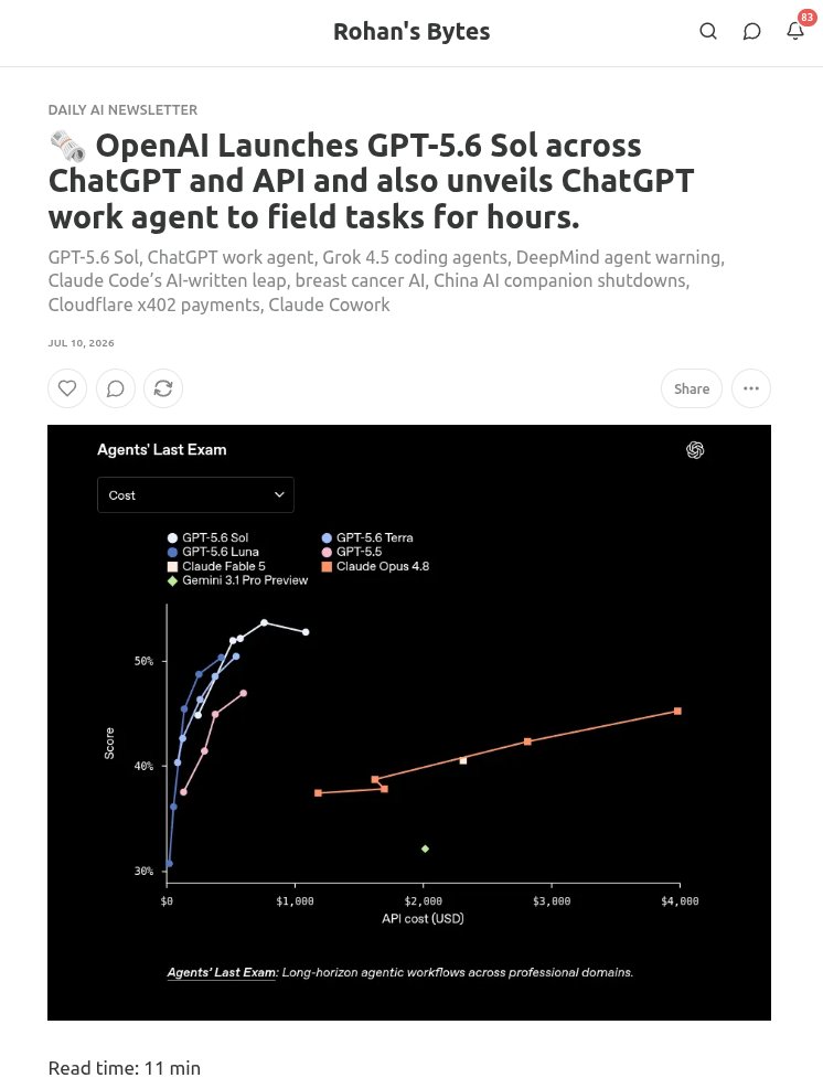 rohanpaul_ai's tweet photo. Today’s edition of my newsletter just went out.

🔗 https://t.co/rvvbSq7M2E

🗞️ OpenAI Launches GPT-5.6 Sol across ChatGPT and API and also unveils ChatGPT work agent to field tasks for hours.

🗞️ SpaceXAI just released Grok 4.5 for coding agents at $2/M input and $6/M output tokens.

🗞️ A warning for anyone using autonomous agents Google DeepMind’s paper.

🗞️ Anthropic just published the story of Claude Code and that how Boris Cherny went from 10% AI-written code in 2025 to 100% in 2026.

🗞️ Multi-modal AI for comprehensive breast cancer prognostication

🗞️ ByteDance and Alibaba are shutting custom AI companions before China’s humanlike AI rules hit consumer apps.

🇨🇳 This is bad news. Now, frontier open source access may be in question.

🗞️ Cloudflare just announced a monetization layer for the agentic web, using x402 at the edge to make AI agents pay before resources respond.

🗞️ Anthropic just brought Claude Cowork on mobile and web as usage data shows most users are not coding.