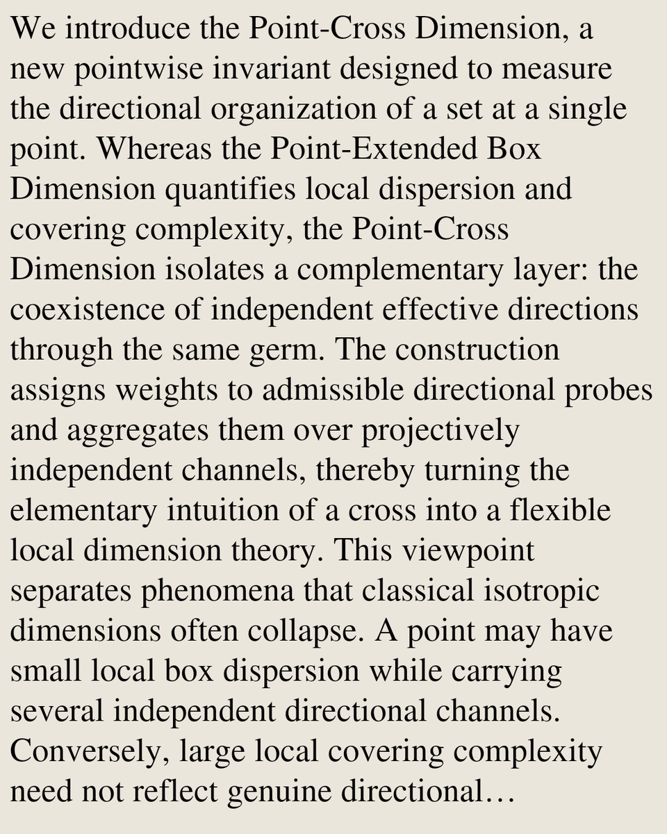 MetricGeometry's tweet photo. Point-dimension theory (part II): The point-cross dimension

Nadir Maaroufi
https://t.co/dQzZHHX47U [𝚖𝚊𝚝𝚑.𝙼𝙶 𝚖𝚊𝚝𝚑.𝙲𝙰 𝚖𝚊𝚝𝚑.𝙵𝙰 𝚖𝚊𝚝𝚑.𝙶𝙽] https://t.co/zk7G3QuZmi