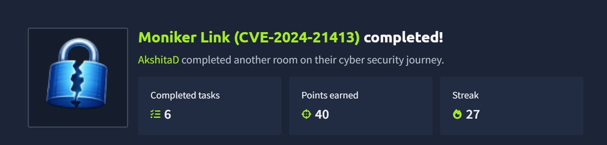 AkshitaDixit_15's tweet photo. Completed Module 7: Exploitation Basics of the Cyber Security 101 path on @tryhackme
🔹Moniker Link
🔹Metasploit Introduction
🔹Exploitation with Metasploit
🔹Meterpreter Basics
🔹Blue Room
🏅Earned the Metasploitable and Blue badges along the way!
#Metasploit #BlueTeam #InfoSec https://t.co/JyU7ltUIJe