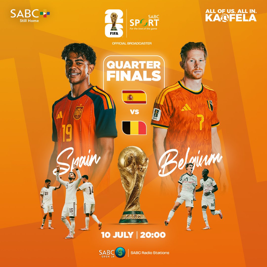 SABCPlus's tweet photo. Spain take on Belgium in another FIFA World Cup 2026 quarter-final blockbuster! 

Build-up: 20:00

Stream the game LIVE on SABC+, subscription-free.