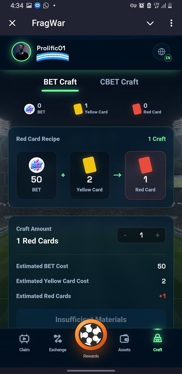 prolificO1_'s tweet photo. 3. 𝗥𝗲𝘄𝗮𝗿𝗱𝘀 𝗦𝗲𝗰𝘁𝗶𝗼𝗻: This is the central hub for tasks and events.

This is where you will find daily tasks, special events like the CrabX campaigns.

You also see the leaderboard positions and bonus campaigns. You check in daily for new events to participate in.

4. 𝗔𝘀𝘀𝗲𝘁𝘀 𝗦𝗲𝗰𝘁𝗶𝗼𝗻: This is simply your wallet dashboard. This is where you see your fragments holdings and total portfolio value.

This is simply your scorecard to track your progress.

5. 𝗖𝗿𝗮𝗳𝘁 𝘀𝗲𝗰𝘁𝗶𝗼𝗻:  This is where you combine items to create higher valie assests. 

There are two crafting modes here;
➺ The bet craft where you combine bet tokens and cards.
➺The Cbet craft which is the premium crafting tier.

At first, understanding the card system was hard but I later understood that the yellow cards were the basic crafting material and the red cards were the advanced crafted item.

In summary, to get a red card you need 50 Bet and 2 yellow cards.