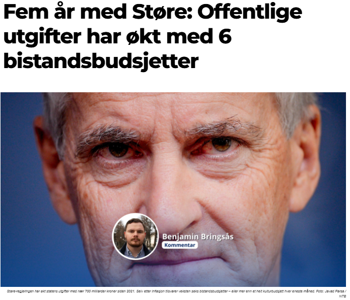 OscarOve90000's tweet photo. Hvorfor har vi høy inflasjon? Årsaken er at forbruket til Støre er helt ute av kontroll. Illutreres best med ca 45% økning av statsbudsjettet eller nesten 28 milliarder kroner hver eneste måned! Kun siden han overtok fra Erna. Er det mulig å få roet ned fyren? Inflasjonen kommer aldri til å gå ned med et slikt forbruk!