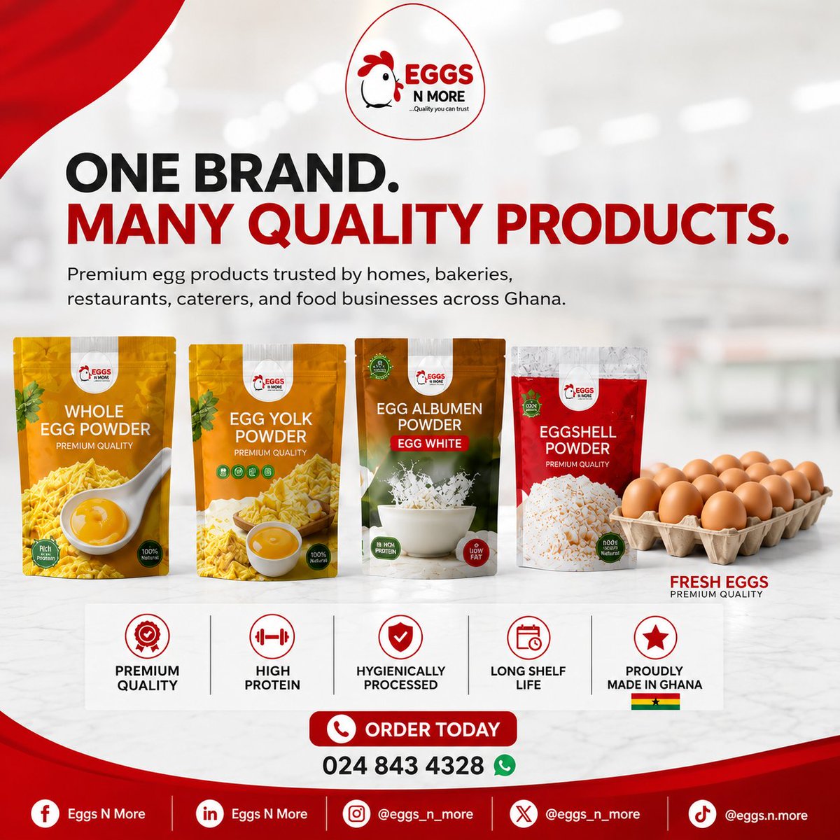 eggs_n_more's tweet photo. 🥚 One Brand. Many Quality Products.
From Whole Egg Powder to Fresh Eggs, Eggs N More delivers premium-quality egg products trusted by homes, bakeries, restaurants, caterers, and food businesses.
📞 024 843 4328
Which of our products would you like to try? Reply below!
#EggsNMore https://t.co/k5BcwB5vaf
