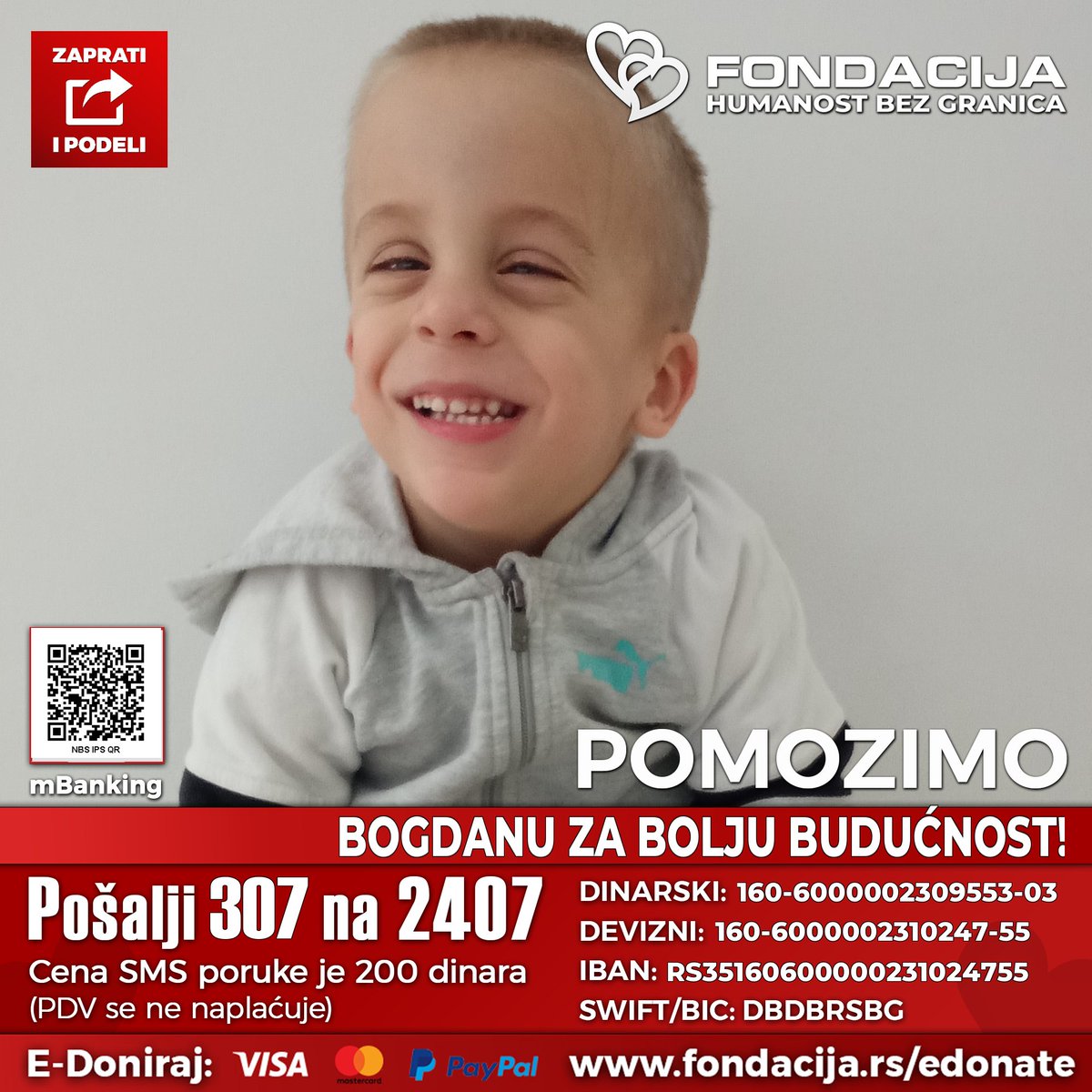 1na2407's tweet photo. 🇷🇸 Pošalji SMS: 307 na 2407
https://t.co/ONnTgtFhvs
(link za mobilne)

Bogdan (2022.) rođen je u šestom mesecu trudnoće, sa teškim oštećenjem malog mozga i dijagnozom G80.9 – cerebralna paraliza.
Ne može samostalno da sedi, hoda niti govori, a iza sebe već ima više operacija i intenzivnih terapija.

Kako možete da pomognete?

🇷🇸 Pošalji SMS: 307 na 2407
https://t.co/ONnTgtFhvs
(link za mobilne)

💳 Doniraj karticom:
https://t.co/gndCL7BSrI

🌐 PayPal: info@fondacija.rs
Link:
https://t.co/iR5BKR97TY

📲 Skeniraj QR kod i doniraj putem mobilnog telefona - mBanking

Porodici su potrebna sredstva za nastavak lečenja i specijalizovanih tretmana, kako bi Bogdan napredovao i imao bolji kvalitet života! ❤️❤️

Retvituj ovu objavu i zaprati nas jer humanost se umnožava kada se deli. 🙏