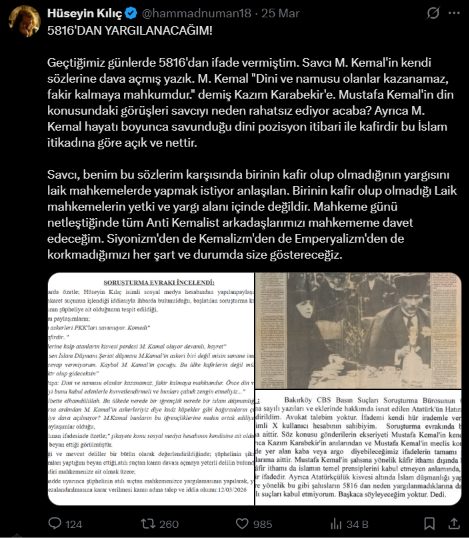mahfildijital's tweet photo. 🔴 Aktivist Hüseyin Kılıç:

Atatürk'ün hatırasına hakaret iddiası ile yargılandığım davada “M. Kemal kafirdir" görüşüm, hakimlik tarafından hakaret unsuru olarak görülmedi ve savcının ısrarlı ceza talebine rağmen beraat verildi. https://t.co/GGEoS8iUZW