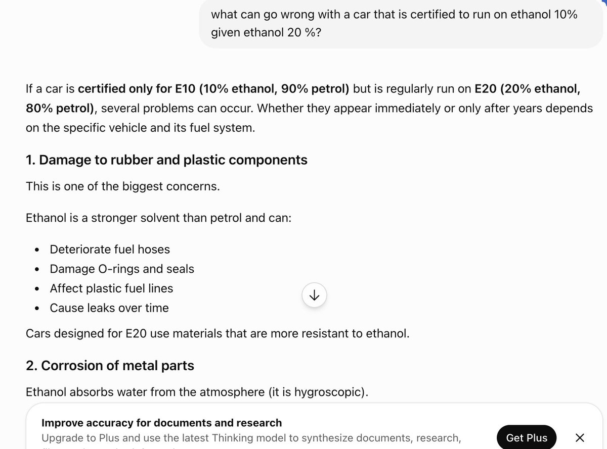 JonathanHukkeri's tweet photo. Chat GPT says Ethanol 20 is not good for cars certified to run e10. What do i do now? https://t.co/n7HujpqJet