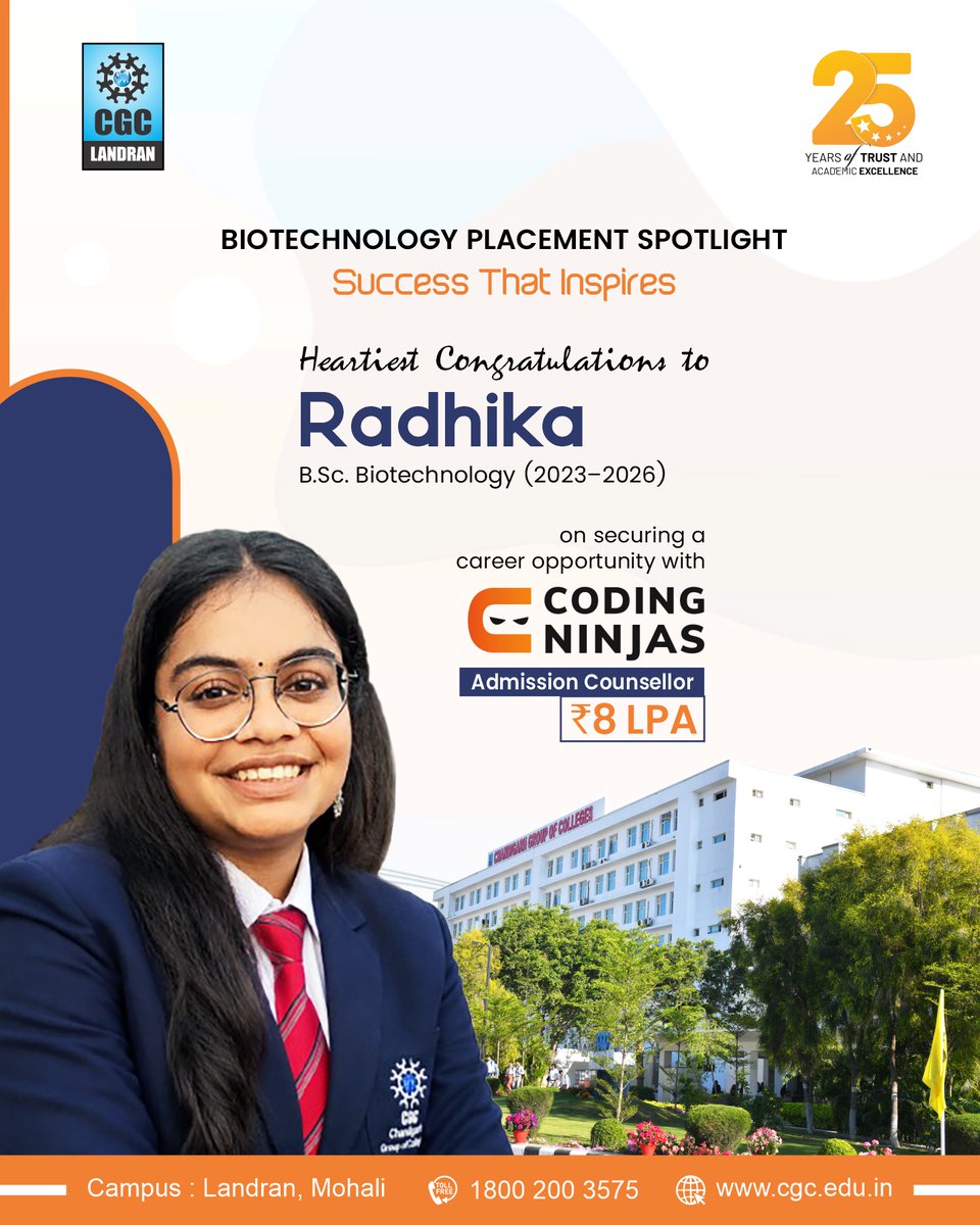 CGCPunjab's tweet photo. Congratulations to Radhika (https://t.co/KrMu3z4zWr. Biotechnology, 2023–2026) on securing a placement with Coding Ninjas as an Admission Counsellor with an impressive package of ₹8 LPA! 

#CGCLandran #PlacementSuccess #Biotechnology #CampusPlacement #CodingNinjas https://t.co/qHqlwSFBtE