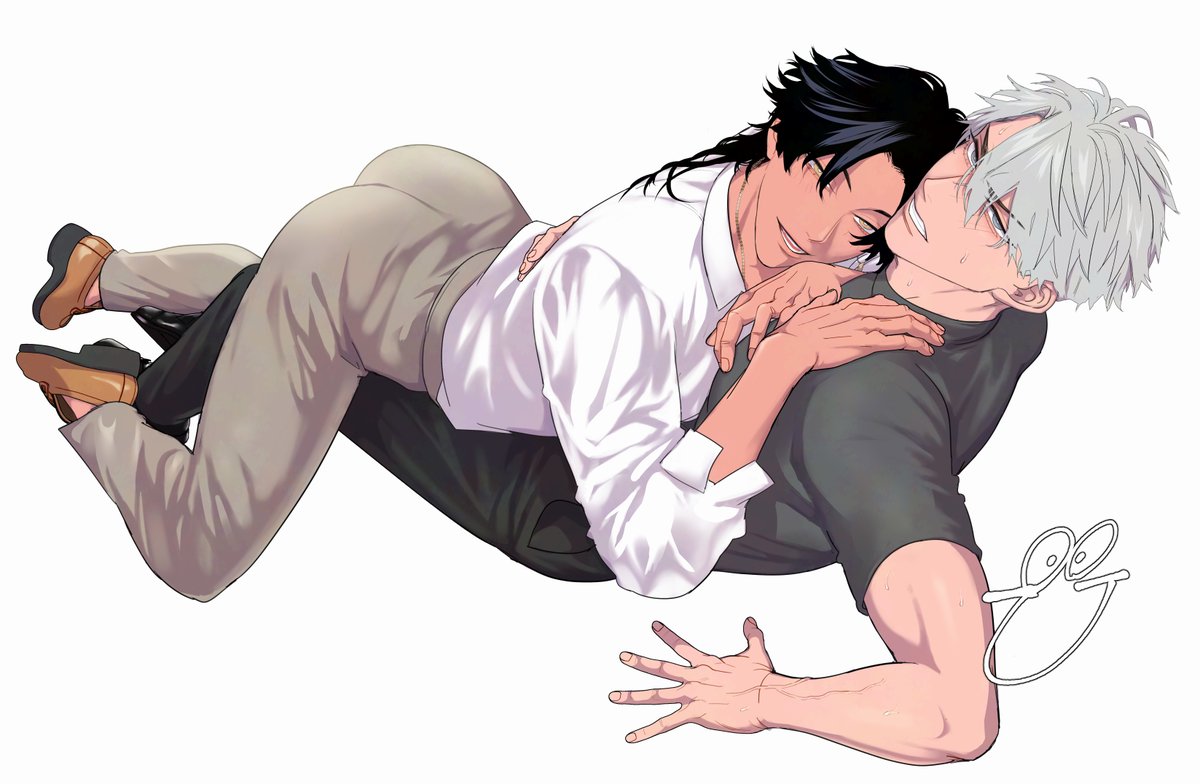 U_yuu_bl's tweet photo. 発情ウィルスにかかった潔癖症童貞×エッ〇な褐色お兄さんの BL
『ビーインヒートラブシック』
カバーイラストの全体はこんな感じです

カバーだと見えないですが、薫の脚の間に一馬の膝が入り込む形で密着してます
一馬の腕に血管浮かせてるのはヘキです

#ビーインヒートラブシック https://t.co/JgEnV8x1HD