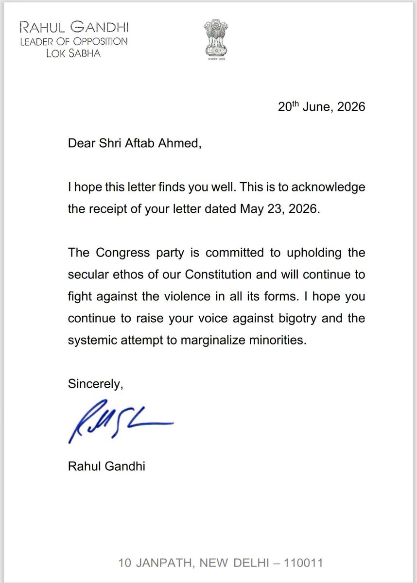 Aftabnuh's tweet photo. हाल ही में लोकसभा में नेता प्रतिपक्ष श्री #राहुल #गांधी जी को पत्र लिखकर मौजूदा सत्ता द्वारा देश के ताने-बाने को छिन्न भिन्न करने, सांप्रदायिक सौहार्द खराब करने, लोकतांत्रिक व्यवस्था को नुकसान पहुंचाने,सत्य की जगह असत्य को स्थापित करने के प्रयास करने पर अपनी चिंता व्यक्त की। https://t.co/VQb3iSzhXz