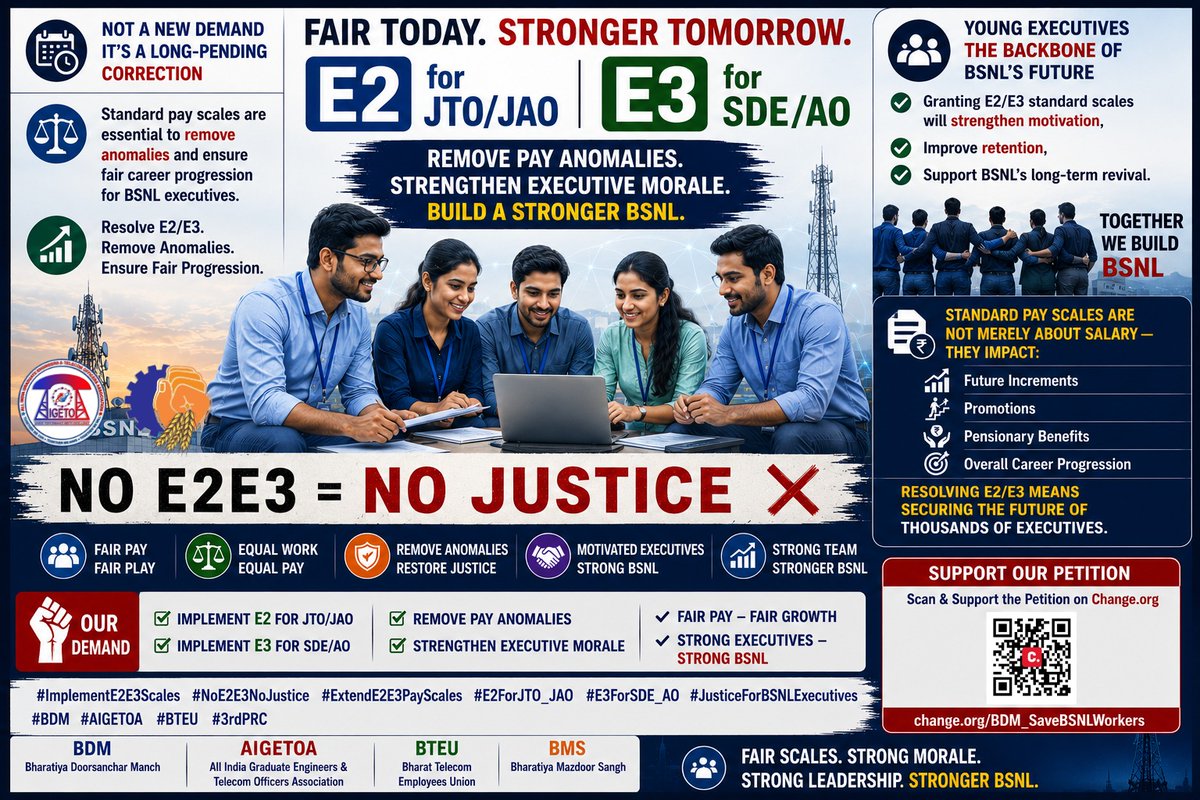 AIGETOA_CPTN's tweet photo. Timely HR decisions strengthen any organization. Resolving the E2 &amp; E3 issues will reinforce the trust and commitment of BSNL executives. 
@JM_Scindia @PemmasaniOnX @DoT_India @BSNLCorporate @CMDBSNL
#ImplementE2E3Scales #JusticeForBSNLExecutives https://t.co/2uBXjtSJU9