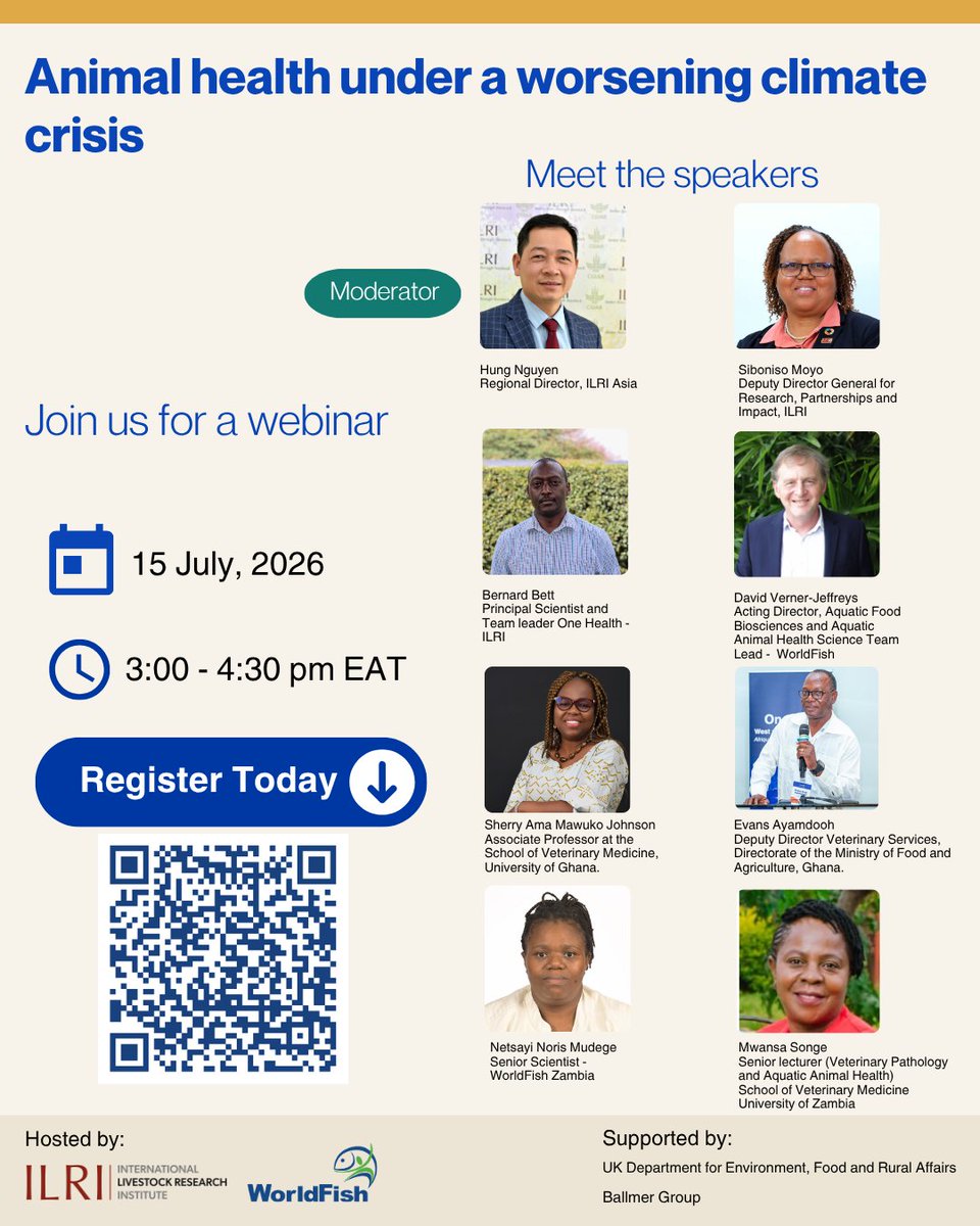 WorldFishCenter's tweet photo. Climate change is changing animal disease risks across Africa—for livestock, fish and the communities that depend on them.

Join WorldFish and ILRI on 15 July to hear the latest research and practical adaptation solutions. WorldFish's David Verner-Jeffreys and Netsayi Noris Mudege will share insights on strengthening aquatic animal health and resilience.

Register here: https://t.co/dSndeP8qGG 

#Aquaculture #AnimalHealth #ClimateChange #OneHealth #Livestock