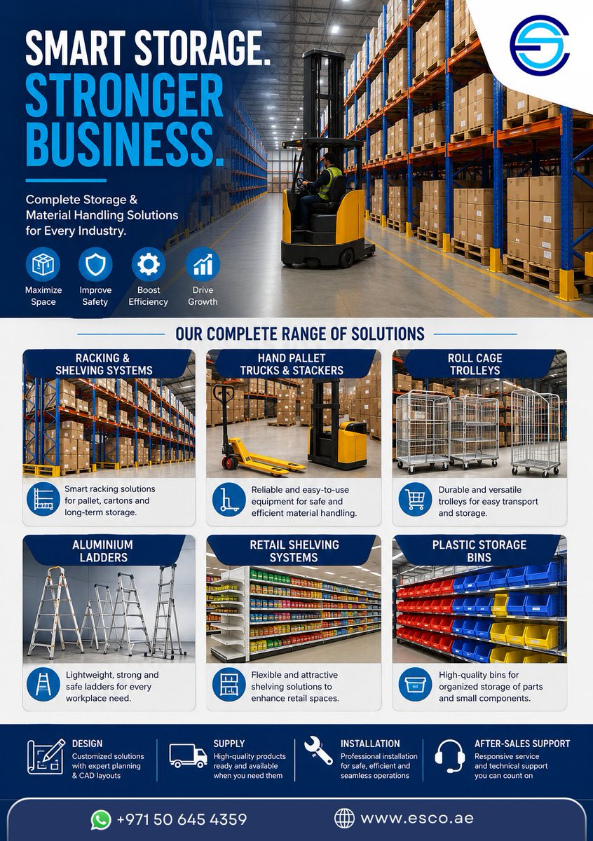esco_spec's tweet photo. Smarter storage. Better performance. Complete racking & material handling solutions designed to maximize space and improve efficiency.
WhatsApp: (+971 50 645 4359)
#WarehouseSolutions #Racking #MaterialHandling #Logistics #ESCO https://t.co/OWp4tATq83