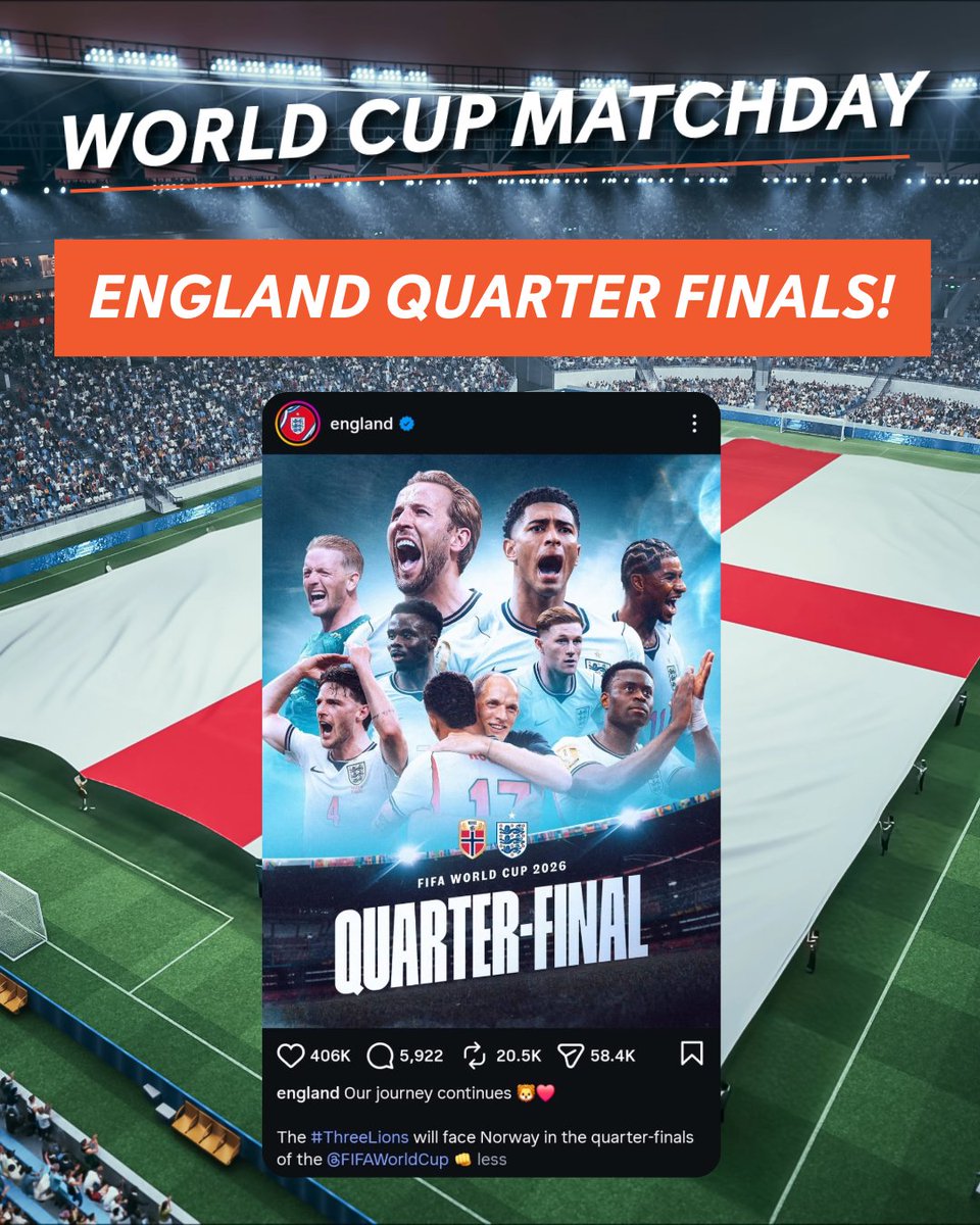 DynoUK's tweet photo. Wishing the England team the very best of luck in their Quarter Final match tonight!⚽️🏴󠁧󠁢󠁥󠁮󠁧󠁿

We're behind you all the way... let's bring it home! Come on England 🙌

#ThreeLions #QuarterFinal #WorldCup2026 https://t.co/6sdC9sZrh9