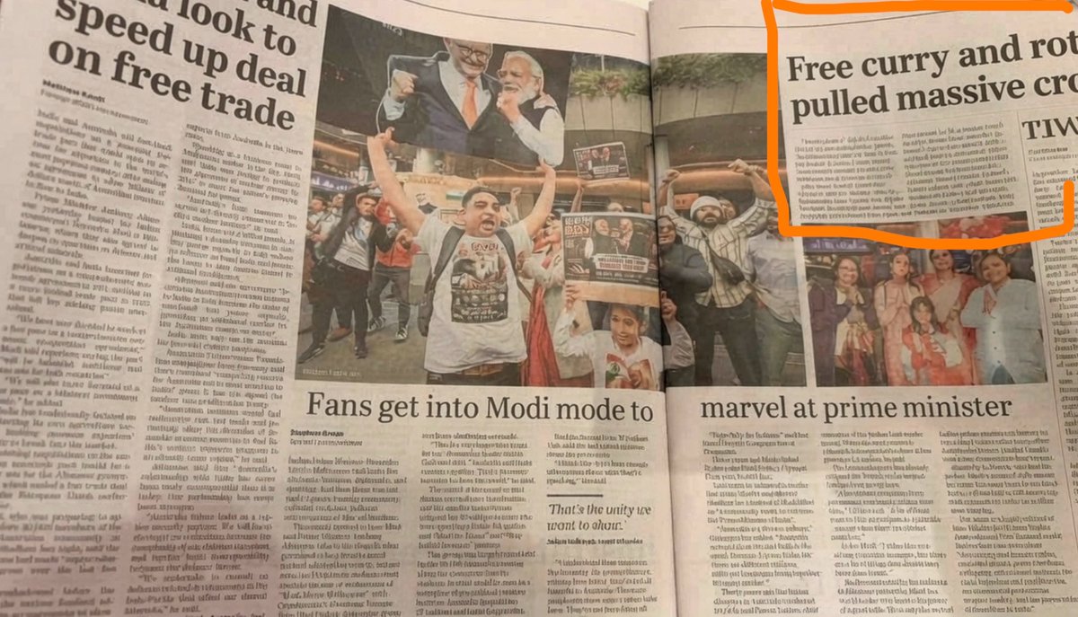 JAWAHARNEHR's tweet photo. Australian Newspaper exposed the secret behind the massive crowd gathering for the Modi meeting.

“Free Curry and Roti pulled massive crowd.”

This is an international-level humiliation. https://t.co/7XHWh1vgzt