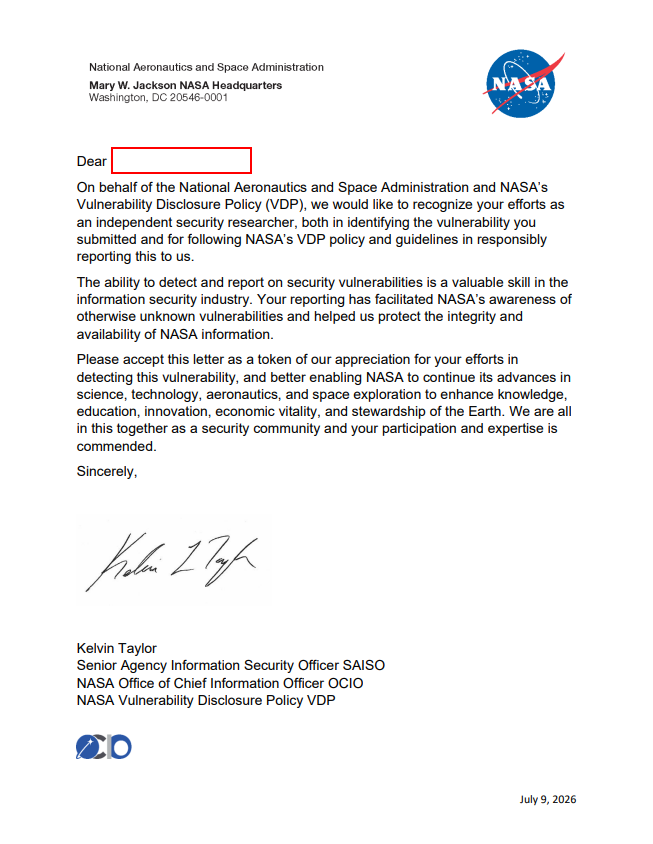 itx_l0b0's tweet photo. Happy to share that I received a Recognition Letter and Hall of Fame acknowledgment from @NASA after responsibly reporting a P1 vulnerability 

Thank you to the @NASA security team for the recognition.

#NASA #BugBounty #Bugcrowd https://t.co/dmz4nzZFre