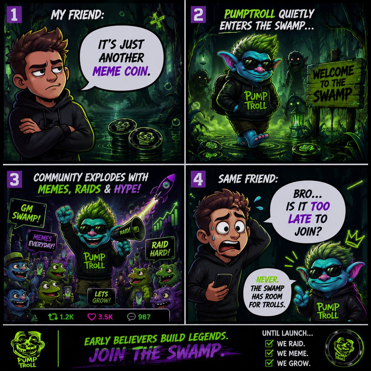 Pump_Troll's tweet photo. GM AND Happy Friday SWAMP ! 💚
Friday isn't for slowing down... It's for raiding harder, memeing louder, and bringing more trolls into the swamp.
The countdown continues. 
The community grows. 
The energy gets stronger.
Who's riding with us today? 👇

#PumpTroll #SolanaGems #SolanaMeme #crypto