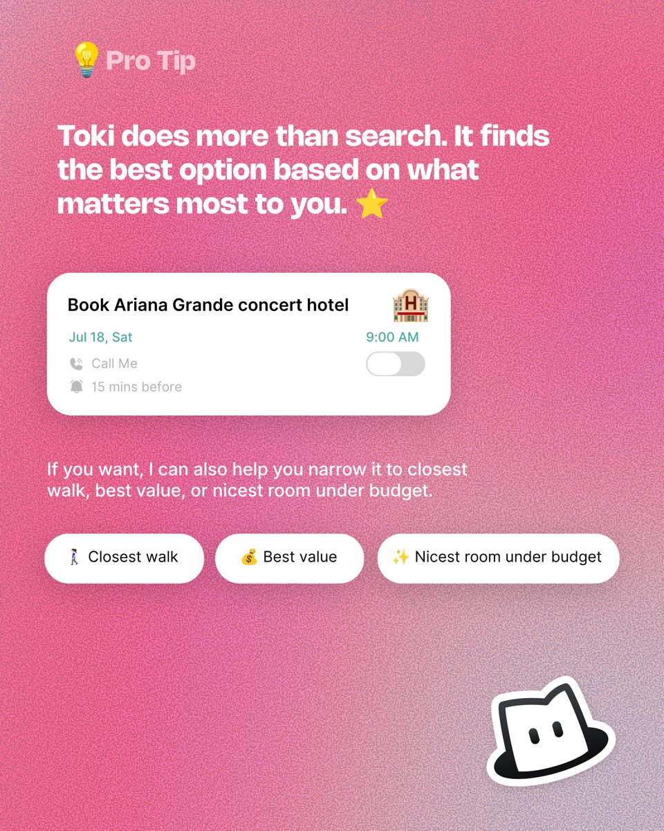 toki_global's tweet photo. Smarter than a search bar. 💡

Toki doesn't just find answers—it compares your options, recommends the best one, and helps you plan what comes next.

Try Toki FREE at https://t.co/SpDVlCM10L! https://t.co/05HwZp8TOy
