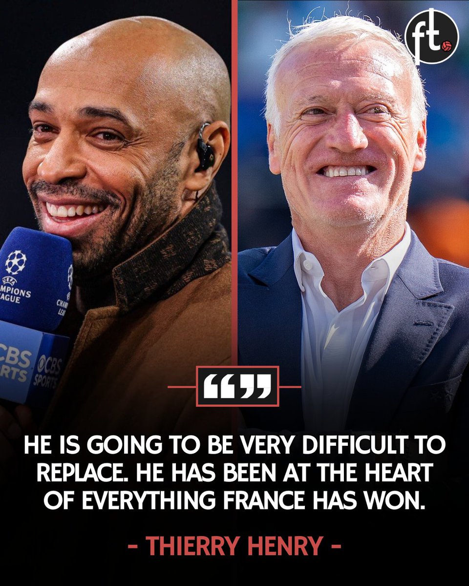 Footballtweet's tweet photo. 🚨🇫🇷 Thierry Henry on Didier Deschamps' incredible run as France head coach:

🗣️ “He is going to be very difficult for us to replace.

He has been at the heart of almost everything France have won.

People have often said he was lucky… No, no. It has nothing to do with luck.

The reward comes from taking risks. He has taken plenty of them, but they were calculated risks. Because he is far from stupid.

Trust me, he has a great football brain.” 🐐🧠

🚨 𝗥𝗘𝗠𝗜𝗡𝗗𝗘𝗥: Zinedine Zidane is the man who is going to replace Deschamps as France head coach after this World Cup. 👀