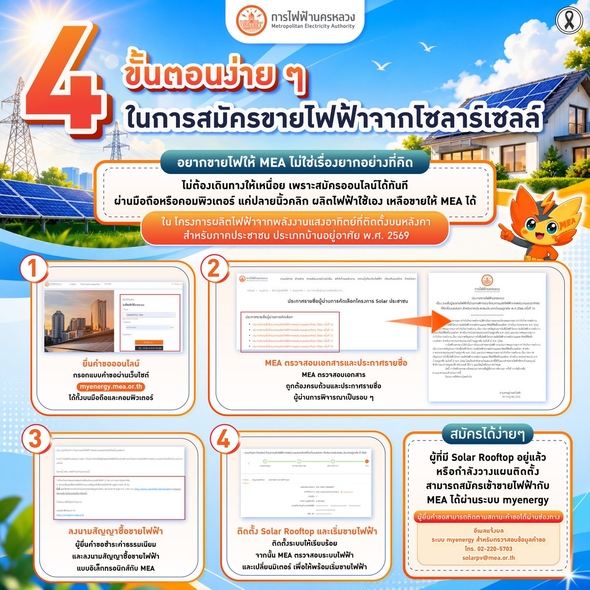 mea_news's tweet photo. ☀️ 4 ขั้นตอนง่าย ๆ ในการสมัครขายไฟฟ้าจากโซลาร์เซลล์
อ่านเพิ่มเติม คลิก: https://t.co/wJBDd3wI14
#MEA #การไฟฟ้านครหลวง #SolarRooftop #MEASolar #MyEnergy #พลังงานแสงอาทิตย์ #พลังงานสะอาด #ผลิตไฟใช้เอง #ขายไฟส่วนเกิน #SmartUtility #พลังงานเพื่อวิถีชีวิตเมืองมหานคร https://t.co/G09qNngzZk