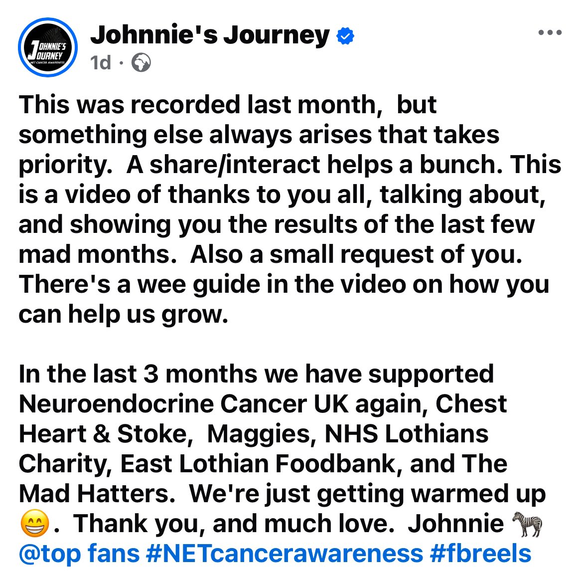 JMeeksJourney's tweet photo. Happy Friday folks! Another glorious day ☀️ Here’s a wee video from Johnnie thanking you all for all your support.. #dogoodthings - it’s what we do! #NETcancerawareness 🦓🤍🖤 https://t.co/Mw7m8sdaT2