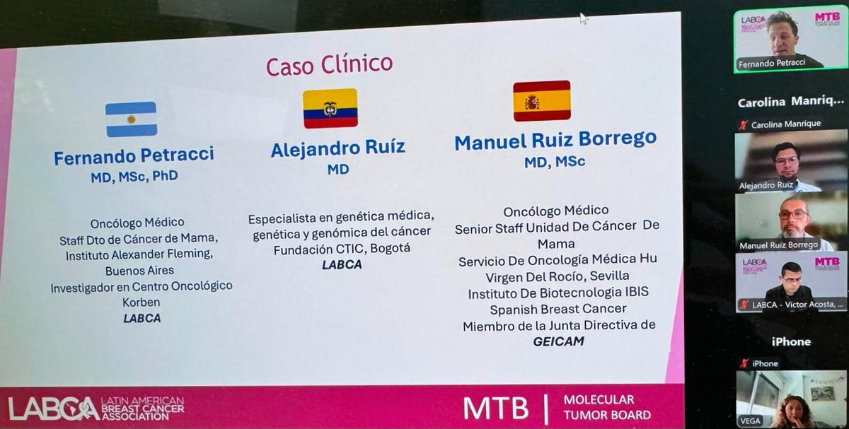 GEICAM's tweet photo. 🟣 @labca_ok y @GEICAM han celebrado una edición especial del Molecular Tumor Board #MTB, un espacio de intercambio académico orientado a la discusión multidisciplinaria de casos clínicos complejos en cáncer de mama, integrando la experiencia clínica, la #genética y la #medicinadeprecisión 🔎

Esta edición veraniega ha contado con la participación de los siguientes expertos en #cáncerdemama 👇

👨‍⚕️ Caso clínico: Dr. Fernando Petracci
🧬 Asesor genético: Dr. Alejandro Ruiz
⭐ Invitado especial: Dr. Manuel Ruiz Borrego

Los más de 50 especialistas que han asistido a esta edición han promovido el análisis colaborativo basado en la evidencia, fortaleciendo la cooperación internacional y el aprendizaje entre profesionales de Latinoamérica y España 🌎

🙌 ¡A la vuelta de verano volveremos con más encuentros de este Molecular Tumor Board!