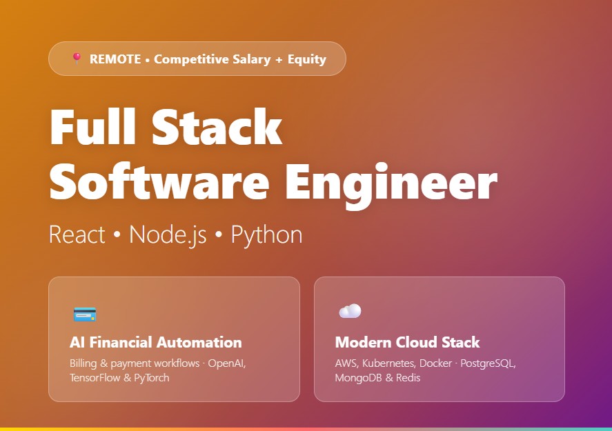 ZamDeveloper's tweet photo. 💼 Hiring Full Stack Software Engineer | Remote | Competitive Salary + Equity

Build AI-powered financial automation software used to streamline billing and payment workflows while working across the full stack with modern cloud and machine learning technologies.

✅ React, Next.js, TypeScript
✅ Node.js, Express, FastAPI, Python
✅ PostgreSQL, MongoDB, Redis
✅ AWS, Docker, Kubernetes
✅ OpenAI, TensorFlow, PyTorch
✅ FinTech & AI