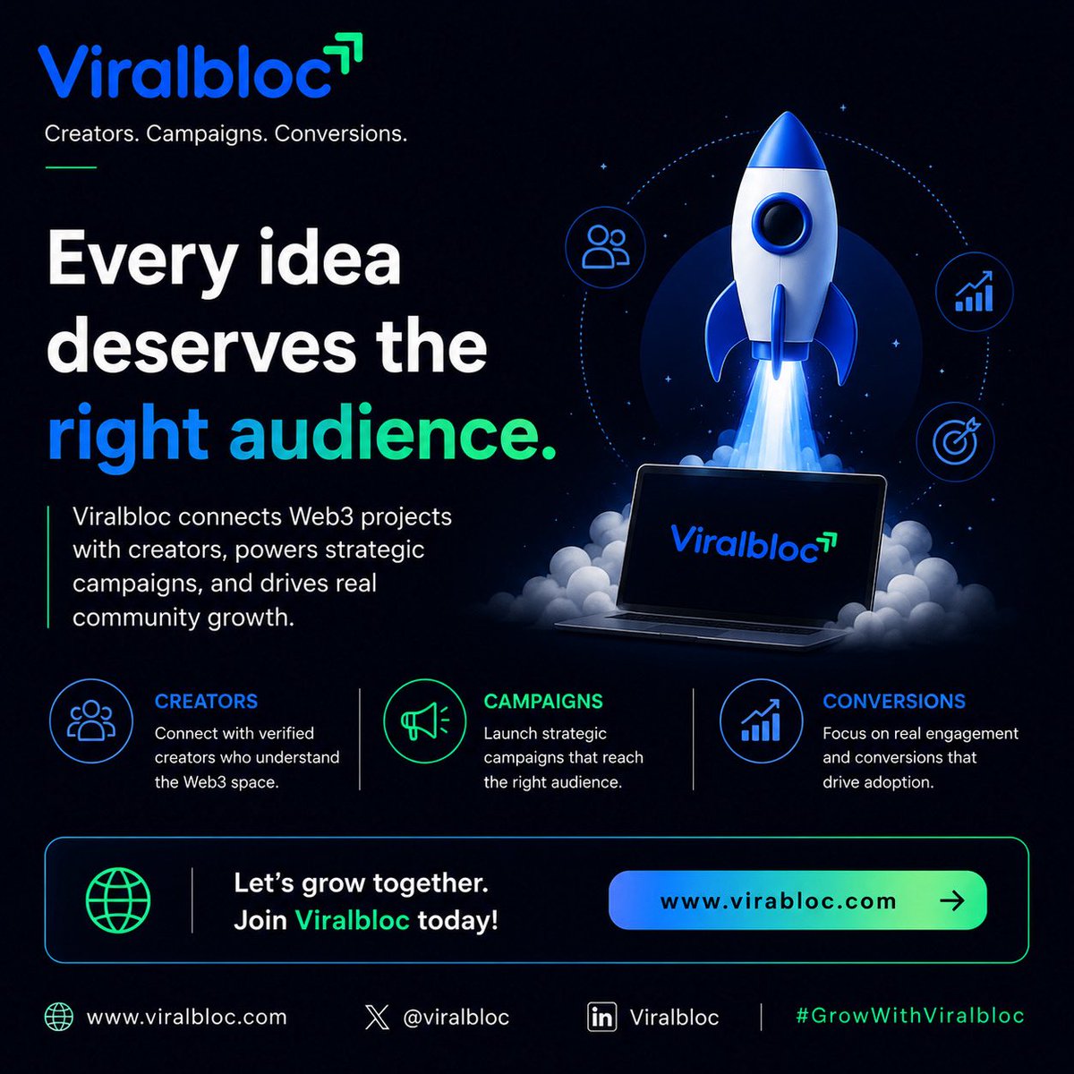 viralbloc's tweet photo. A great Web3 product deserves to be seen.

Viralbloc connects projects with creators, powers strategic campaigns, and helps turn attention into real community growth.

Creators. Campaigns. Conversions. 

👇👇👇
https://t.co/OUFHvCokWa https://t.co/XTQ7N3k8jp