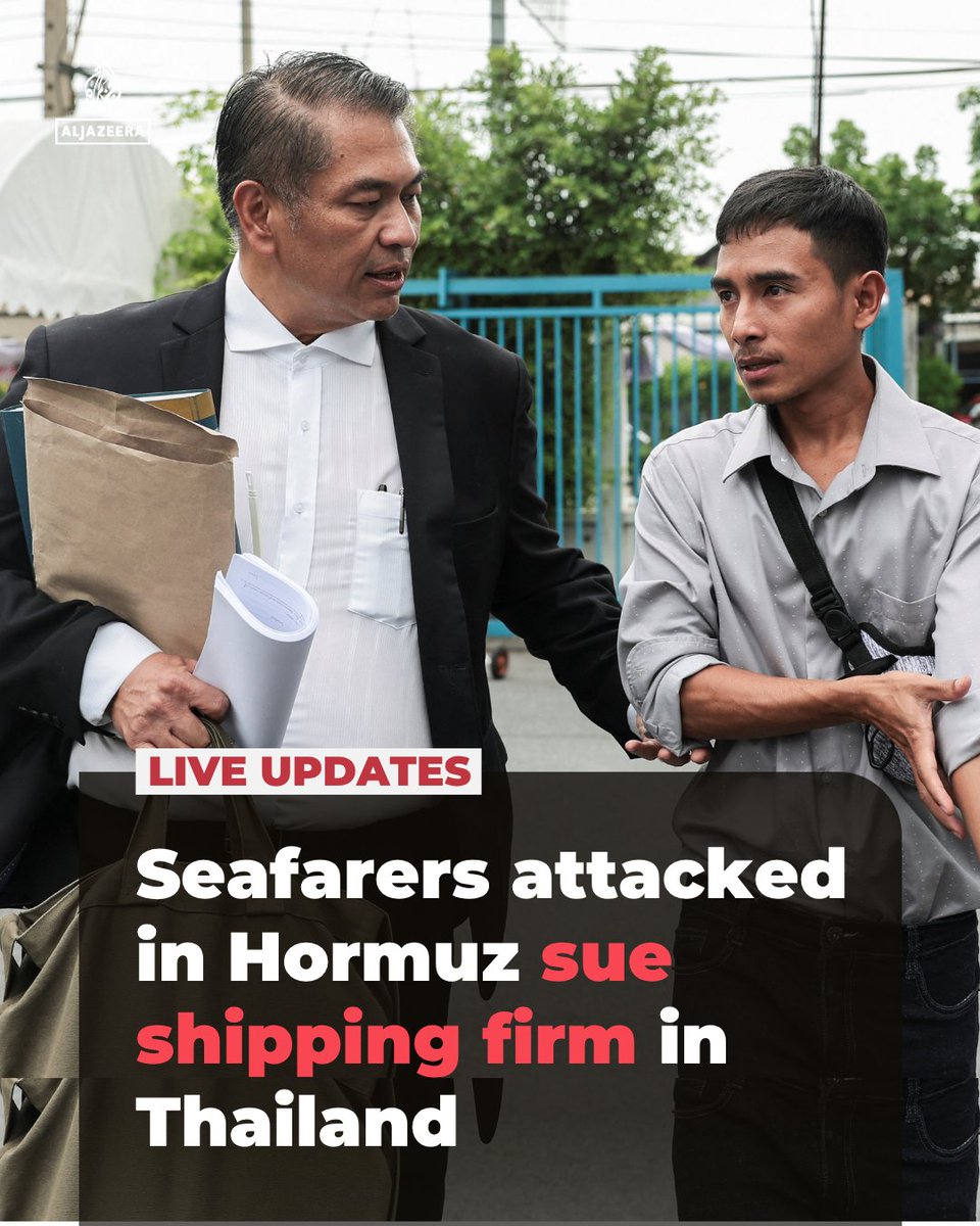 AJEnglish's tweet photo. Three former crew members of a Thai cargo ship struck in the Strait of Hormuz in March filed a lawsuit on Friday against the vessel’s operator over labor rights violations and unfair dismissal.

🔴 LIVE updates: https://t.co/gIqivImAxm https://t.co/fLlKXkse5s