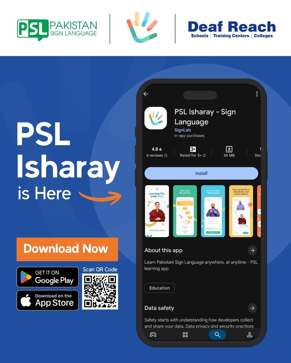 DeafPakistan's tweet photo. Learning Pakistan Sign Language has never been easier!

Developed by SignLab in collaboration with Deaf Reach, PSL Isharay is a brand-new app designed to make learning Pakistan Sign Language simple, interactive, and accessible for everyone. Whether you're a parent, educator, professional, student, or simply someone who wants to communicate more inclusively, PSL Isharay is your first step towards breaking communication barriers and connecting with the Deaf community.

Download the app, start learning today, and help create a more connected and inclusive Pakistan — one sign at a time.
