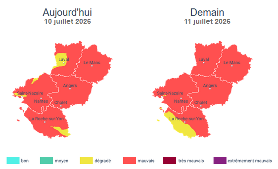 Prefet53's tweet photo. #Qualitedelair 💨 #Pollution

La qualité de l'air est dégradée 🟡 à majoritairement mauvaise 🔴 aujourd'hui en #Mayenne.

Demain, la situation devrait se dégrader avec une qualité de l'air mauvaise 🔴 sur l'ensemble du département en raison d'une hausse des concentrations d'ozone liée aux fortes chaleurs et à un ensoleillement marqué.

ℹ️ Retrouvez les prévisions de la qualité de l'air sur :
https://t.co/qzEzYt0F6b