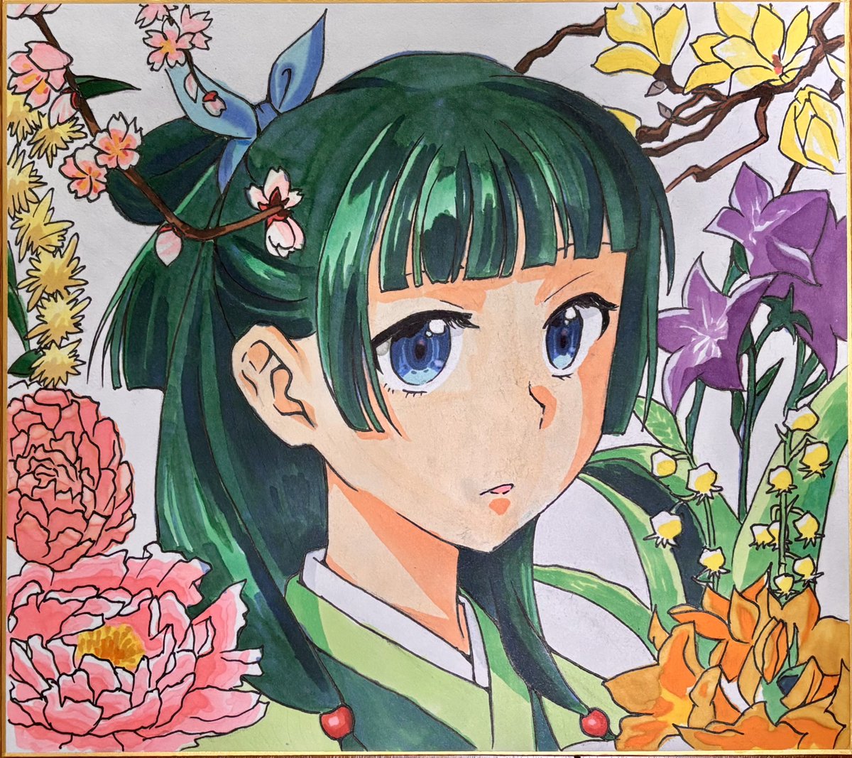 bb8xillustrator's tweet photo. 投稿忘れその2
幾田りら「百花繚乱」のジャケ写です!
描いてる途中に緑1本切れて焦った……
 #猫猫
 #薬屋のひとりごと 
 #コピック https://t.co/QK1ccftOXj