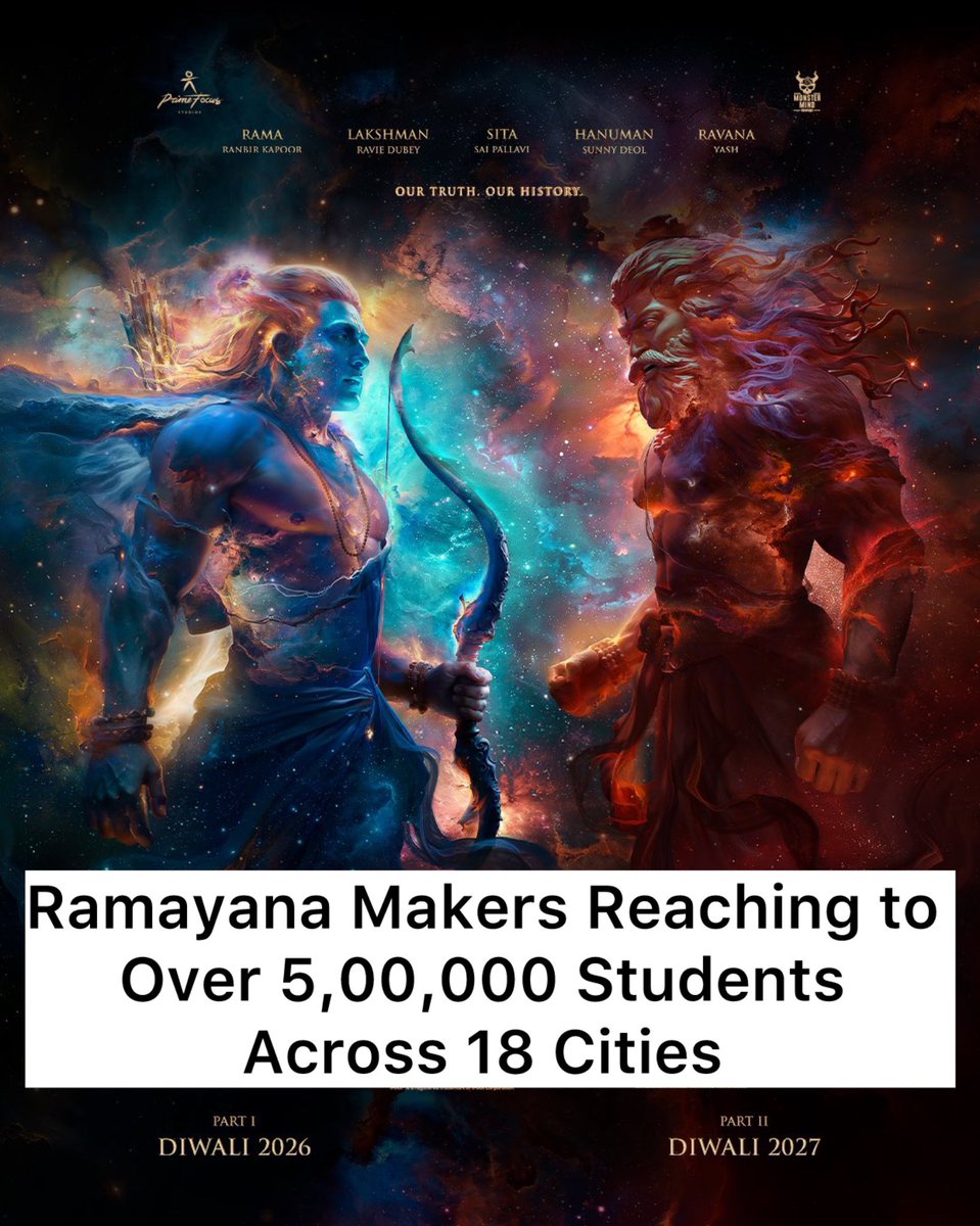 KshitizCritic's tweet photo. Ramayana Makers are reaching over 
5,00,000 Students across 18 Cities 🤯🤯

Ramayana makers have organised an art competition which will target over 5 Lakh students who will display their Talent on Our Culture, Our Ramayana. 

This is a beautiful way to connect with the future of our country and make them aware about our culture, Makers want to tell the future generation that Ramayana is Not Mythology it’s our History. 

Ramayana is for everyone, For every age group, for every ethnicity, every religion.