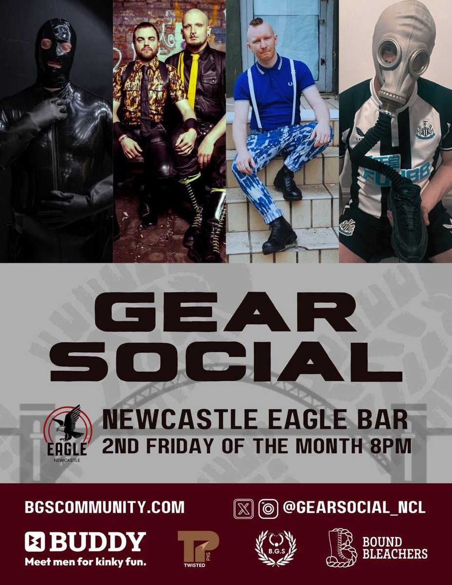 BoundBleachers's tweet photo. Gear up, Newcastle.

Gear Social hits The Eagle every second Friday from 8PM. Rubber, leather, sportswear, skinhead, gas masks and more welcome. No judgement. Just gear.

#GearSocial #NewcastleEagle #RubberGear #LeatherMen https://t.co/qUJNGUJQlw