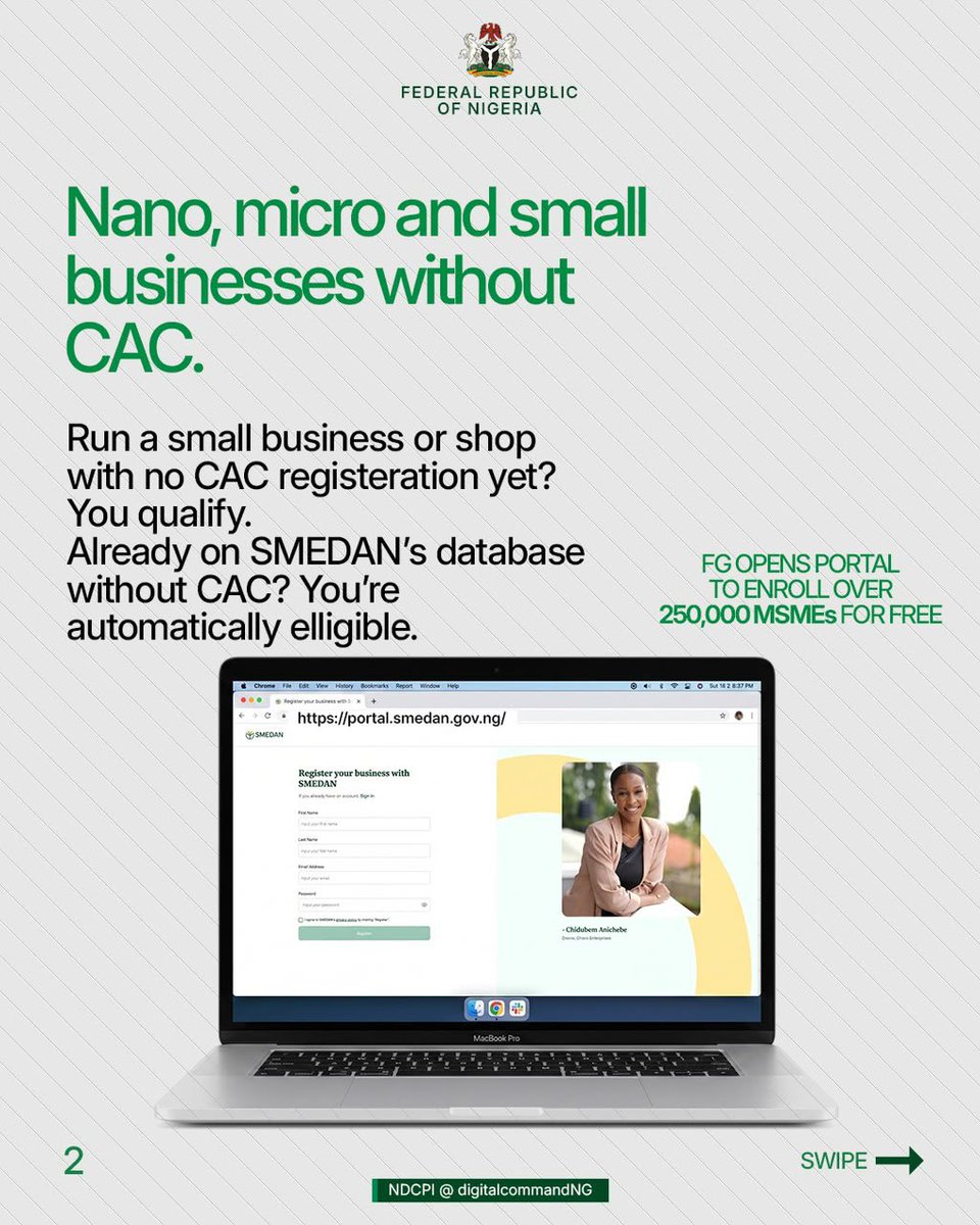 HighChiefOkoro's tweet photo. FREE CAC REGISTRATION.

If you run a small business or have been thinking about formalising your hustle, this is for you.

President Bola Ahmed Tinubu has approved free CAC registration for 250,000 MSMEs across Nigeria, through a partnership between SMEDAN and the Corporate Affairs Commission.

Before: ₦21,000.
Now: FREE.

No registration fee. Just an opportunity to formalise your business, build credibility and open new doors to finance, grants, partnerships and markets.

If you know a young entrepreneur, trader, creator, artisan or small business owner who needs this, please share it with them.

Register through SMEDAN today. Don’t sleep on this opportunity.

https://t.co/MTYTDHMnT0