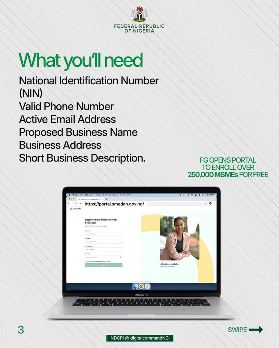 HighChiefOkoro's tweet photo. FREE CAC REGISTRATION.

If you run a small business or have been thinking about formalising your hustle, this is for you.

President Bola Ahmed Tinubu has approved free CAC registration for 250,000 MSMEs across Nigeria, through a partnership between SMEDAN and the Corporate Affairs Commission.

Before: ₦21,000.
Now: FREE.

No registration fee. Just an opportunity to formalise your business, build credibility and open new doors to finance, grants, partnerships and markets.

If you know a young entrepreneur, trader, creator, artisan or small business owner who needs this, please share it with them.

Register through SMEDAN today. Don’t sleep on this opportunity.

https://t.co/MTYTDHMnT0