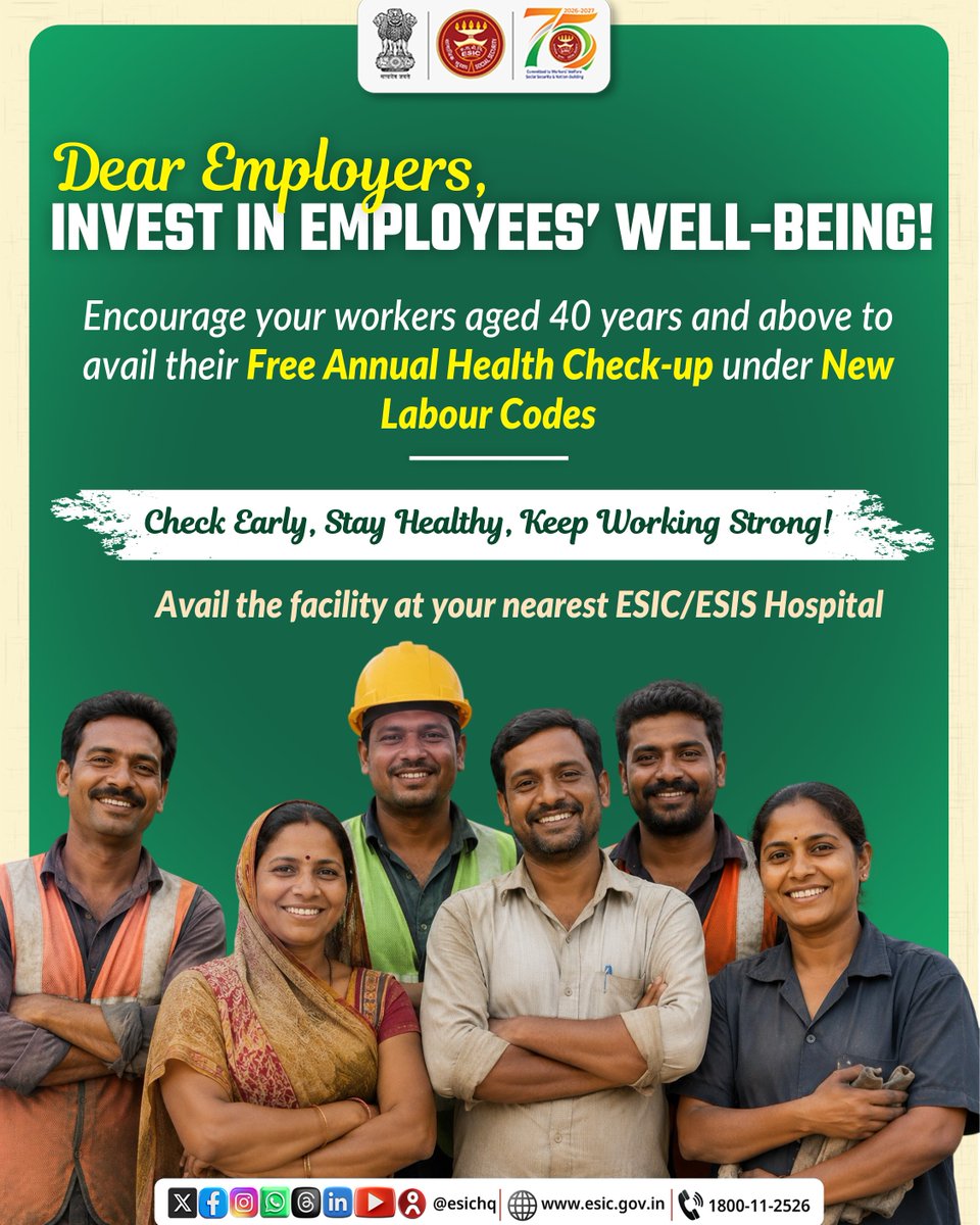 ESIC_SRO_Mlre's tweet photo. A healthy workforce is your greatest strength!
Encourage workers aged 40 years and above to avail their free annual health check-up under the New LabourCodes.
Avail the facility at your nearest ESIC/ESIS Hospital.
#ESIC #SwasthShramikSashaktBharat
#FreeHealthCheckup https://t.co/s7ReIBjMLt