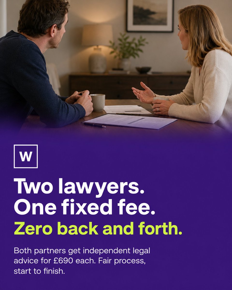 wenupuk's tweet photo. Two lawyers. One fixed fee. No back and forth between separate firms.
With Wenup, both partners get independent legal advice for £690 each. Fair, straightforward, and done together. https://t.co/JIVWS7IJZD
