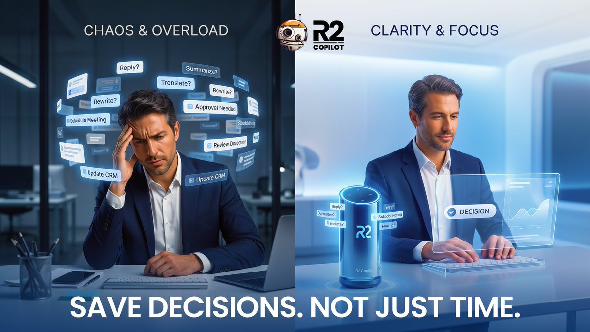 R2Copilot's tweet photo. AI doesn’t just save time. It saves decisions.

Every email drafted, document summarized, and workflow automated means one less small decision draining your focus.

R2 Copilot helps you spend more energy on work that matters.

👉 https://t.co/vrFuD9NIuG https://t.co/IVMDHDtgTB