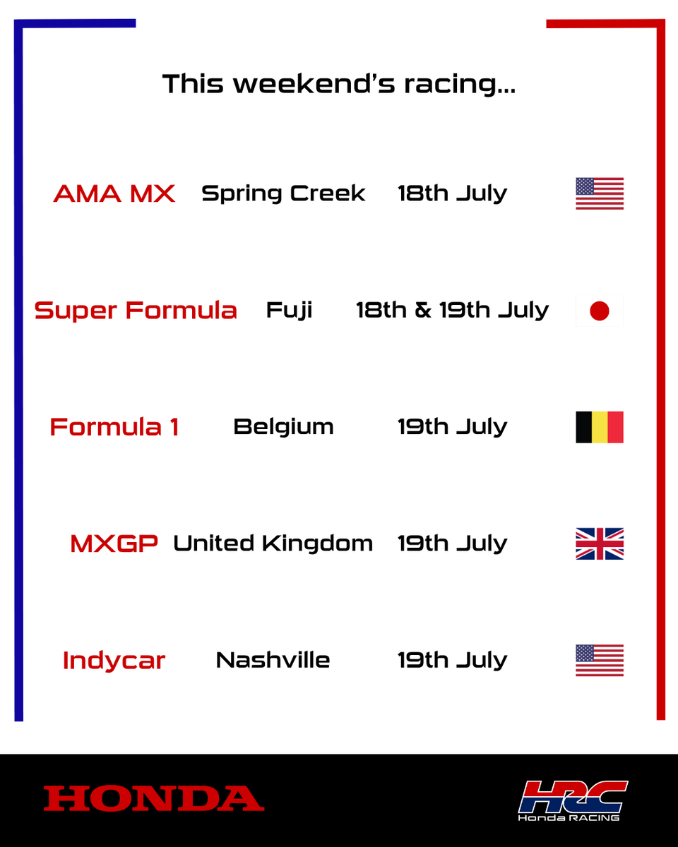 HondaRacingGLB's tweet photo. This weekend will see AMA MX head to Spring Creek, while Super Formula action resumes at Fuji, Belgium will host the Formula 1 paddock, the MXGP riders will tackle Foxhills in the United Kingdom and Indycar action will be coming at you from Nashville... https://t.co/pbndxceGqN