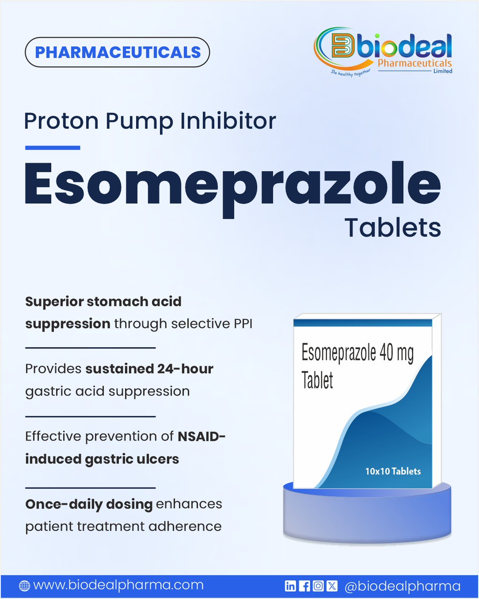Biodealpharma's tweet photo. 24-hour acid control. Once daily. 💊
Esomeprazole 40 mg Tablets - selective PPI for GERD, erosive oesophagitis & NSAID-induced ulcer prevention.
WHO-GMP & PIC/S certified manufacturing by Biodeal.
🌐 https://t.co/AaTzniDbA7
#Biodeal #Esomeprazole #WHOGMP #pharmaceutical https://t.co/lZobxHkgGK